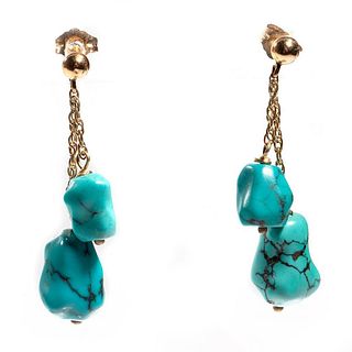 Pair of nugget turquoise and 14k gold pendant earrings