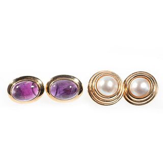 Two pairs of gem-set and 14k gold earrings