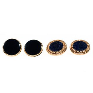 Two pairs of onyx, lapis lazuli and 14k gold earrings