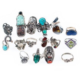 Collection of 17 stone-set silver rings