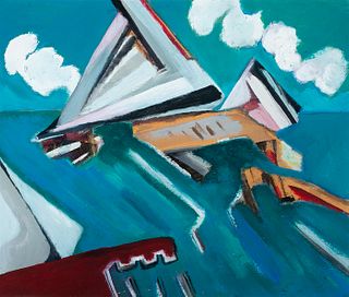 Howard Rackliffe, Am. 1917-1987, "Dock and Boats" 1984, Oil on board