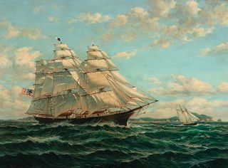 Robert Sanders, Am. 20th Century, Portrait of a Square-Rigger Ship c.1790, Oil on canvas, framed