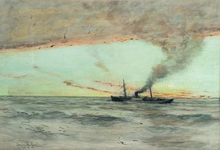 Henry B. Snell, Am. 1858-1943, "Steamer-Sail at Sunset", Watercolor, matted and framed