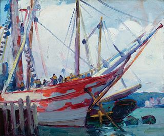 Leon Kroll, Am. 1884-1974, "Gloucester Ships", Oil on board, framed