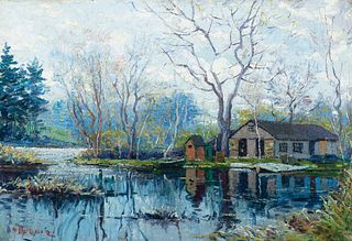 Anthony Thieme, Am. 1888-1954, House on Pond, Oil on canvas, framed