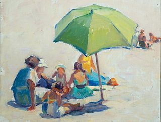 Mabel May Woodward, Am. 1877-1945, Under the Green Umbrella at the Beach, Oil on board, framed