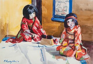 Emily Muir, Am. 1904-2003, "The Japanese Dolls" 1929, Watercolor on paper, matted and framed under glass