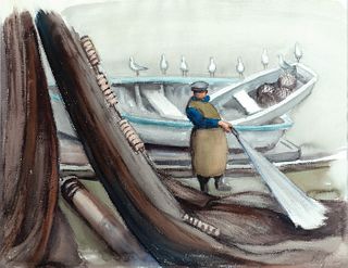 Emily Muir, Am. 1904-2003, Washing the Nets, Watercolor on paper, matted and framed under glass