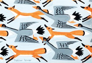 Dahlov Ipcar, Am. 1912-2017, 1] "Fox & Geese" 2] Stripes: Tiger, Zebra, and Gazelle , 1/27/86, 1] Tempera on paper, matted and framed  2] Pencil on pa