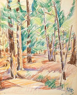 Carl Sprinchorn, Am. 1887-1971, Maine Woodland, Colored pencil on paper, matted and framed under glass