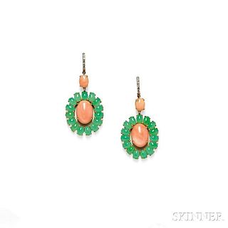 18kt Gold, Coral, Green Chalcedony, and Diamond Earpendants