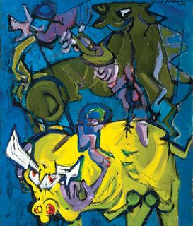 Walter Feldman, Am. 1925-2017, "Yellow Bull" 1954, Oil on linen, framed