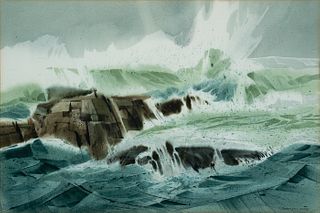 Robert Eric Moore, Am. b. 1927, Crashing Waves, Watercolor on paper, matted and framed under glass
