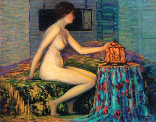 John W. Bentley, Am. 1880-1951, Nude with Lantern, Oil on canvas, framed