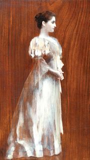 19th/20th Century American School, Woman in White, Oil on panel, reproduction Stanford White frame