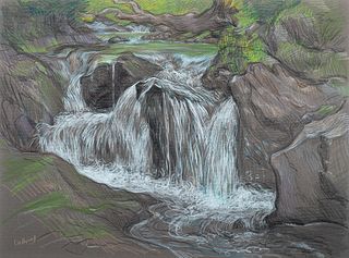 Paul Cadmus, Am. 1904-1999, "Vermont Brook #3", Crayons on fabricant paper, matted and framed under glass