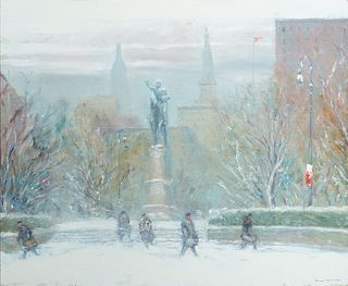 Johann Berthelsen, Am. 1883-1972, "Union Square, Washington Statue", Oil on canvasboard