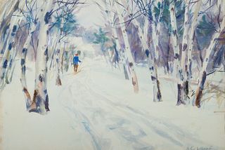 John Whorf, Am. 1903-1959, Skier in the Birch Trees, Watercolor on paper, framed under glass