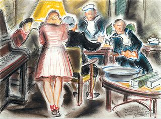 William Muir, Am. 1902-1964, "Lesson in Finger Painting Brunswick USO, May 23, 1944", Pastel on paper, matted and framed under glass
