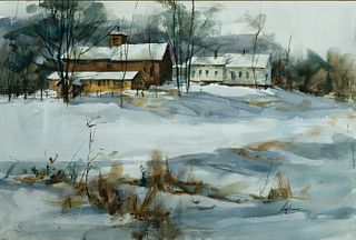 Betty Lou Schlemm, Am. b. 1934, Farmhouses in Winter, Watercolor, matted and framed under glass