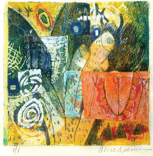 Alice Spencer, Am. b. 1944, Blue, Yellow and Red Abstract, Monoprint, framed under glass