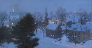 Ann Lofquist, Am. b. 1964, "Snowy Brunswick, Evening II" 1993, Oil on panel, framed