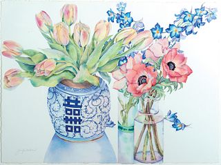 Jo Spiller, Am. 20th Century, "Tulips, Anemones and Delphiniums", Watercolor, framed under glass