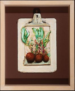 Gregory Gillespie, Am. 1936-2000, Still Life with Root Vegetables on Clipboard, Oil on clipboard, framed in shadowbox