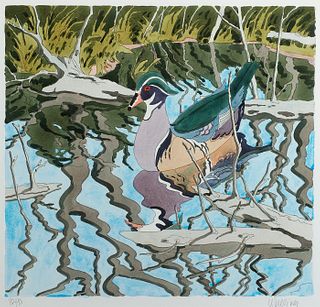 Neil Welliver, Am. 1929-2005, "Wood Duck" 1984, Hand colored etching, matted and framed under glass