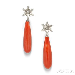 18kt White Gold, Coral, and Diamond Earpendants