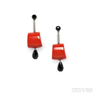 18kt White Gold, Coral, and Onyx Earpendants