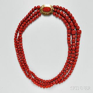 Three-strand Coral Bead Necklace