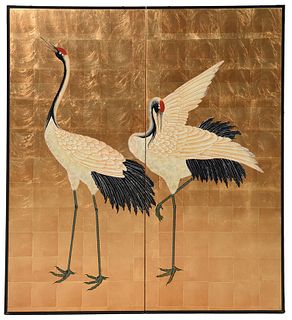 Japanese Two Panel Screen with Crane Decoration