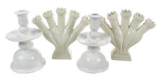 Pair Creamware Candlesticks and Posy Vases 