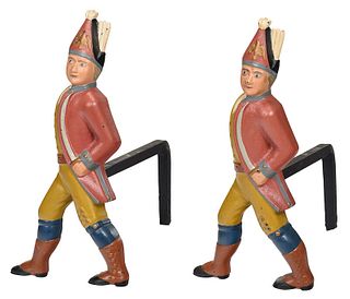 Pair of Painted Iron Hessian Soldier Form Andirons