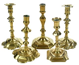 Five Georgian Brass Candlesticks