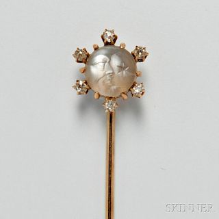 Antique 14kt Gold, Carved Moonstone, and Diamond Stickpin