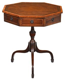 Regency Style Inlaid and Leather Inset Drum Table