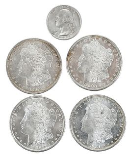 Four Morgan Silver Dollars and Key Date Quarter