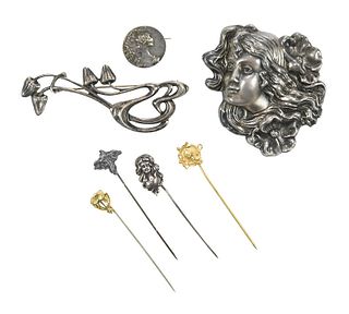 Seven Pieces Art Nouveau Stick Pins and Brooches