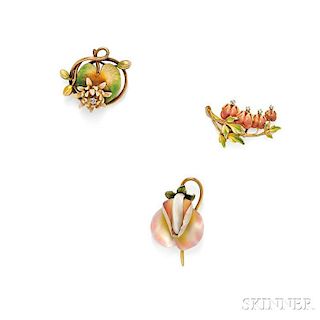 Three Art Nouveau 14kt Gold and Enamel Flower Brooches