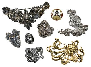 Eight Art Nouveau/Style Brooches of Women