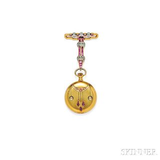 Art Nouveau 18kt Gold, Ruby, and Diamond Open Face Lapel Watch