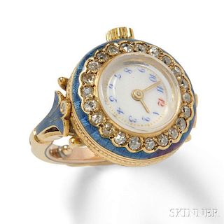 Edwardian 18kt Gold, Enamel, and Diamond Ring Watch