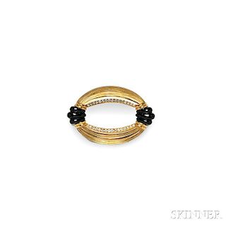 18kt Gold, Carved Rock Crystal, Onyx, and Diamond Brooch