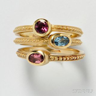 Set of Three 14kt Gold Gem-set Rings, Mazza