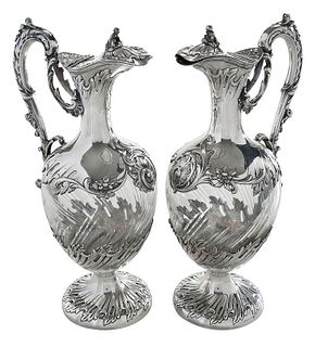 Pair of French Silver and Glass Ewers