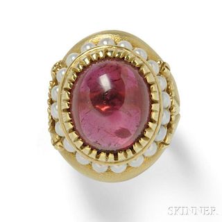 18kt Gold, Pink Tourmaline, and Cultured Pearl Ring