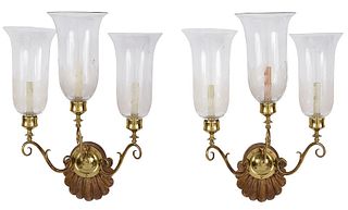 Pair of Georgian Brass, Etched Glass Wall Sconces