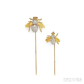 Two 18kt Gold and Diamond Bee Stickpins, Herbert Rosenthal